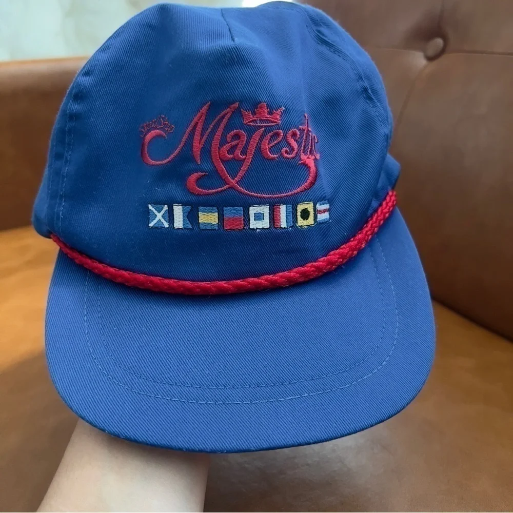 Vtg Classic Sportswear Majestic Flag Blue Roped Trucker Hat Cap Leather Strap